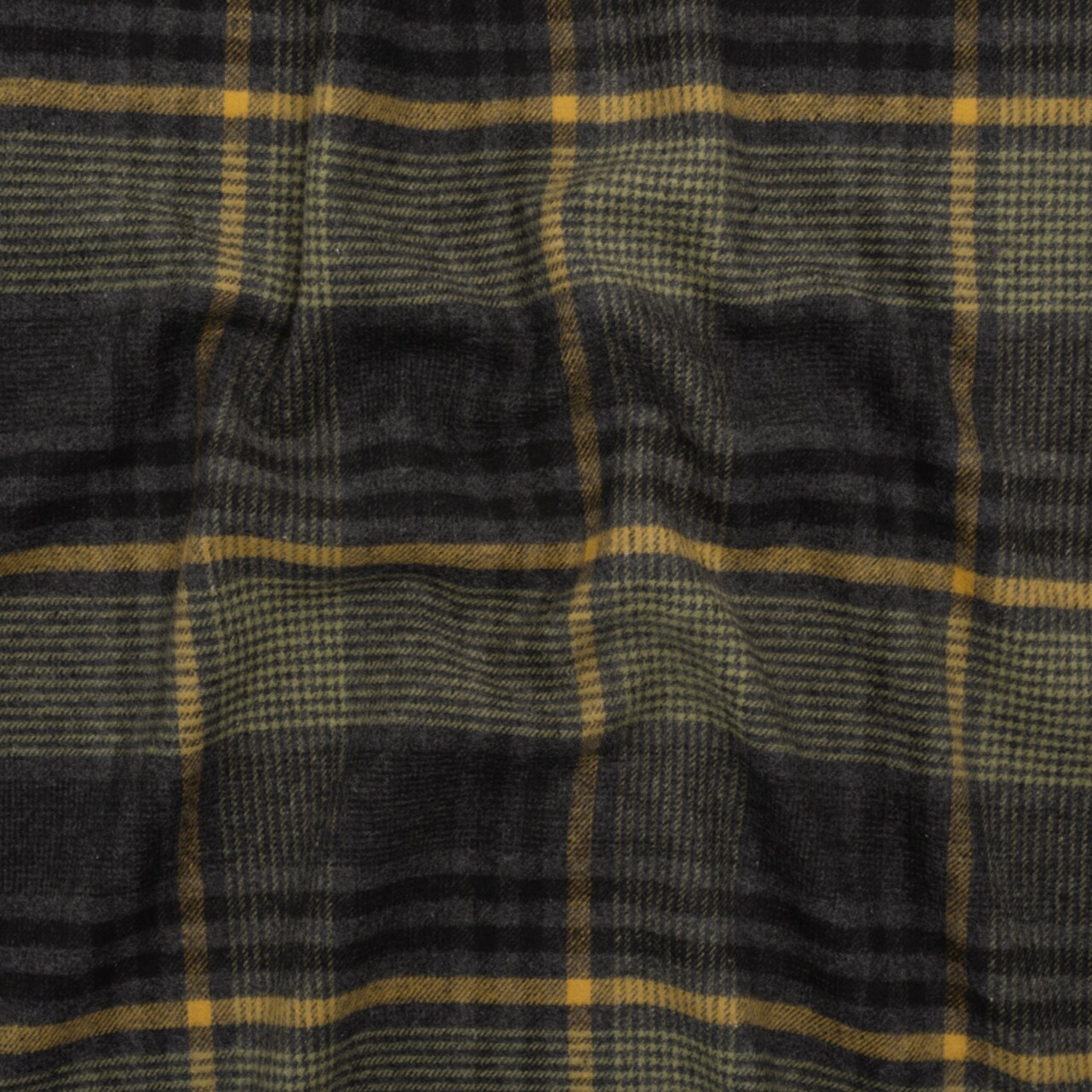 1 Yard Cotton Twill Flannel Charcoal Light Olive and Mustard Yellow Plaid Deadstock